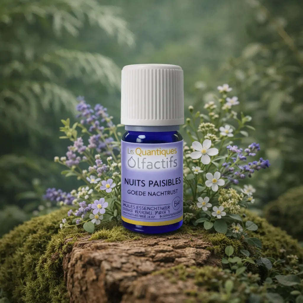 Flacon en verre bleu Herbes et Traditions - Quantiques Olfactifs - Nuits paisibles entouré de petites fleurs violettes et blanches sur un lit de mousse.