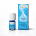 Un flacon de complexe d'huiles essentielles bio "Changements" de la gamme Les Quantiques Olfactifs, accompagné de son étui bleu ciel, présenté avec son reflet sur un fond blanc.
