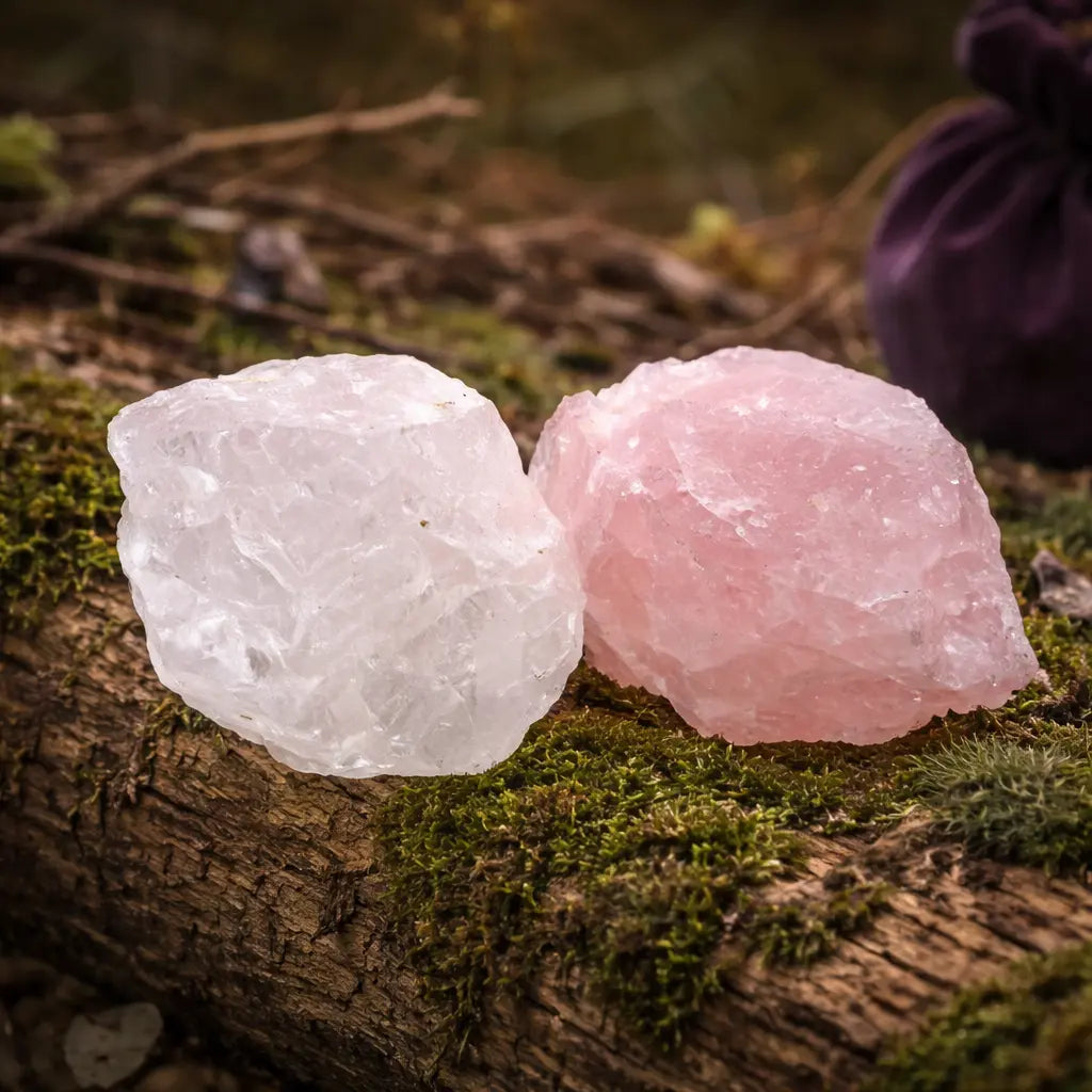 Deux morceaux de quartz rose brut, l'un rose pâle translucide et l'autre rose plus soutenu, posés sur une branche moussue en forêt avec un pochon violet.