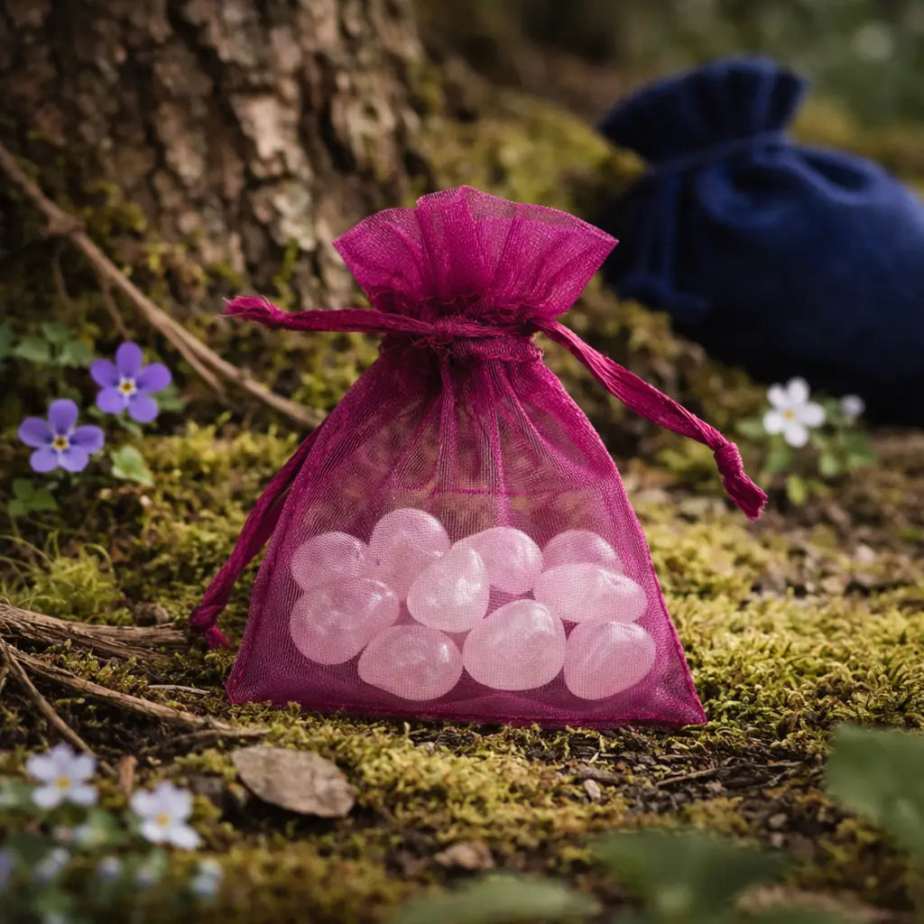 Pochette en organza rose fuchsia contenant une dizaine de petits quartz roses polis de couleur rose pâle translucide, posée sur de la mousse forestière.