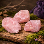 Blocs de Quartz Rose brut d'un rose tendre et cristallin, déposés sur un bois ancien moussue dans une lumière douce et apaisante.