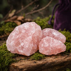 Gros blocs de Quartz Rose brut aux nuances rose tendre et cristallines, déposés sur un support naturel en bois avec un pochon de velours violet en arrière-plan.