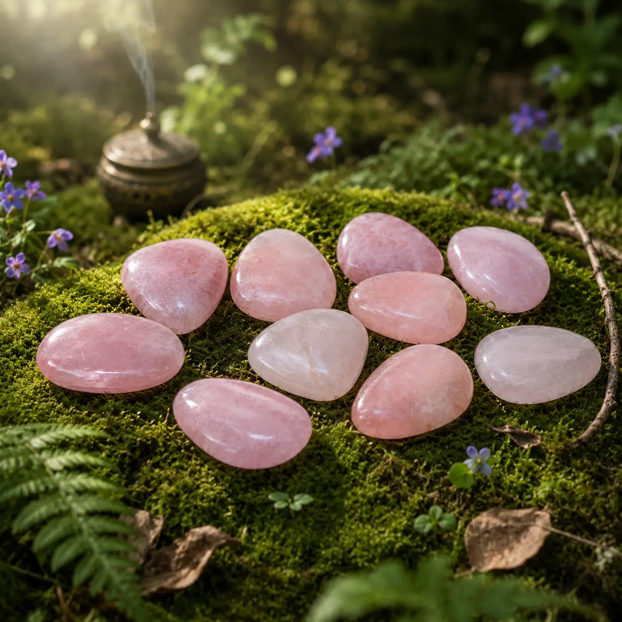 Galets plats de quartz rose poli de qualité supérieure AA, aux nuances roses tendres et lumineuses, disposés sur de la mousse forestière avec un encensoir en arrière-plan.