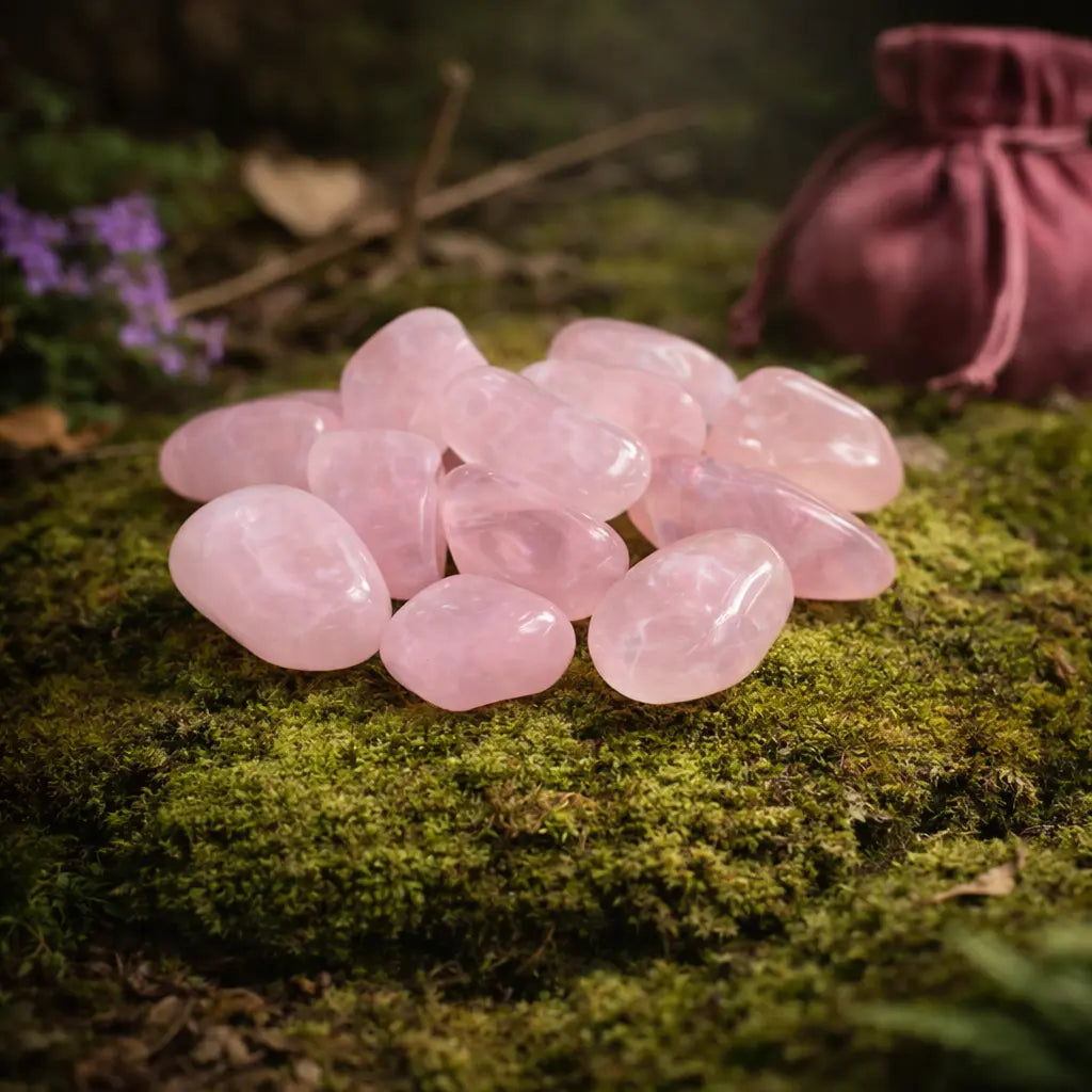 Un monticule de pierres de quartz rose polies d'un rose translucide et doux, posées sur un socle de mousse verte avec un pochon bordeaux en arrière-plan.