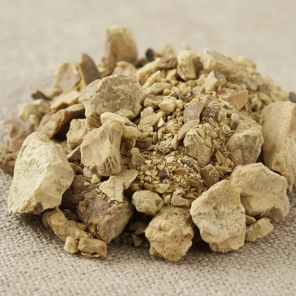 Gros plan sur un monticule de morceaux de Résine d'Encens ou Racine de Mandragore, montrant de gros morceaux beige clair mélangés à des grains plus petits et de la poudre, sur un fond en tissu clair.