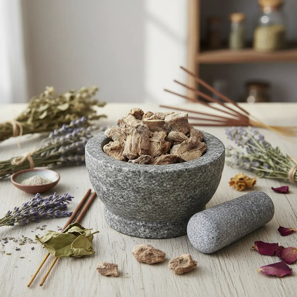 Morceaux de Racine de Mandragore séchée (brun-beige) dans un mortier en granit gris avec pilon, entouré de bouquets de lavande et de bâtonnets d'encens.