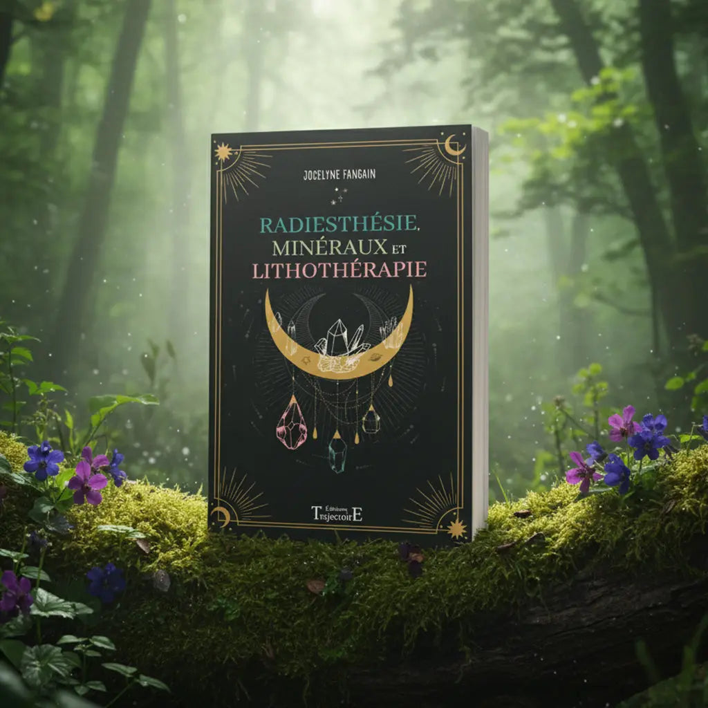 Livre noir Radiesthésie, Minéraux et Lithothérapie de Jocelyne Fangain posé sur une souche moussue, illustré d'un croissant de lune doré avec des cristaux clairs et des gemmes colorées suspendues.