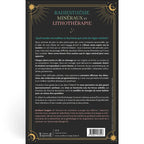 Le dos du livre "Radiesthésie, Minéraux et Lithothérapie" de Jocelyne Fangain, présentant un résumé sur l'alliance de la radiesthésie et du règne minéral pour l'épanouissement spirituel, ainsi qu'une biographie de l'auteure sur fond noir.