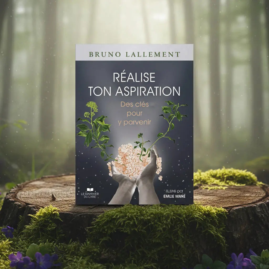 Coffret bleu nuit Réalise ton Aspiration de Bruno Lallement posé sur une souche, illustré de mains tenant des fleurs lumineuses et des plantes grimpantes.