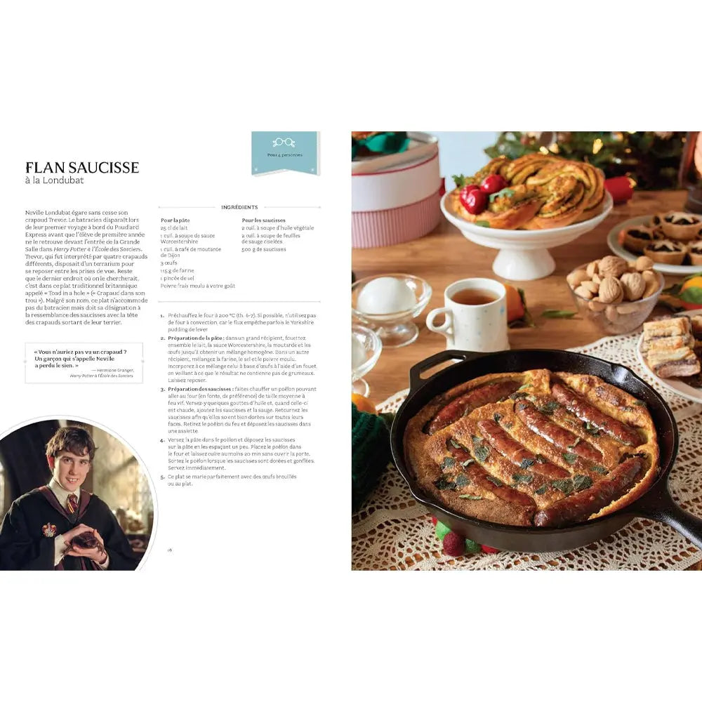 Double page de recette pour le "Flan saucisse à la Londubat", incluant les ingrédients, les étapes de préparation et une photo du plat final.