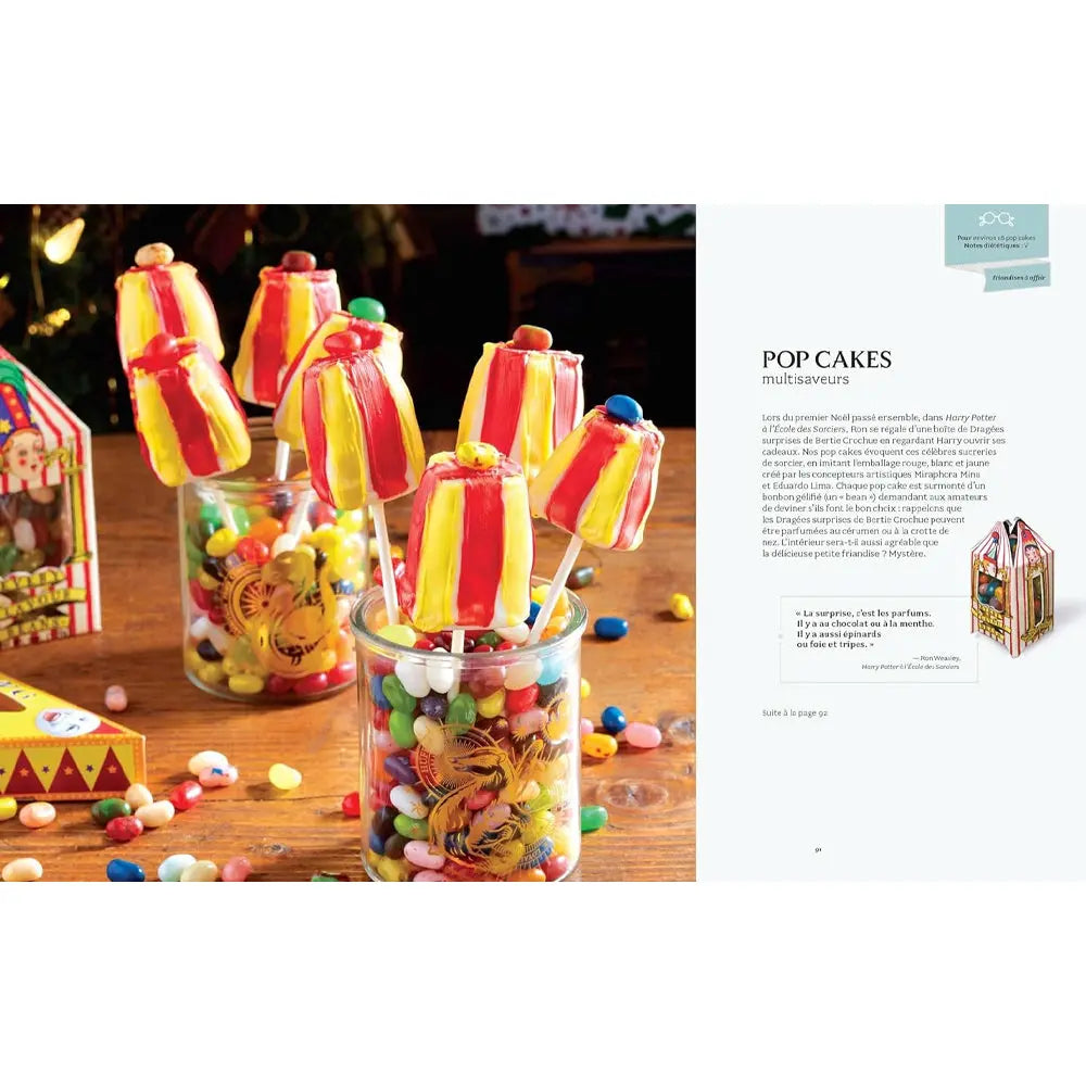 Double page du livre de recettes Harry Potter présentant la recette des "Pop Cakes multisaveurs" inspirés des Dragées surprises de Bertie Crochue.