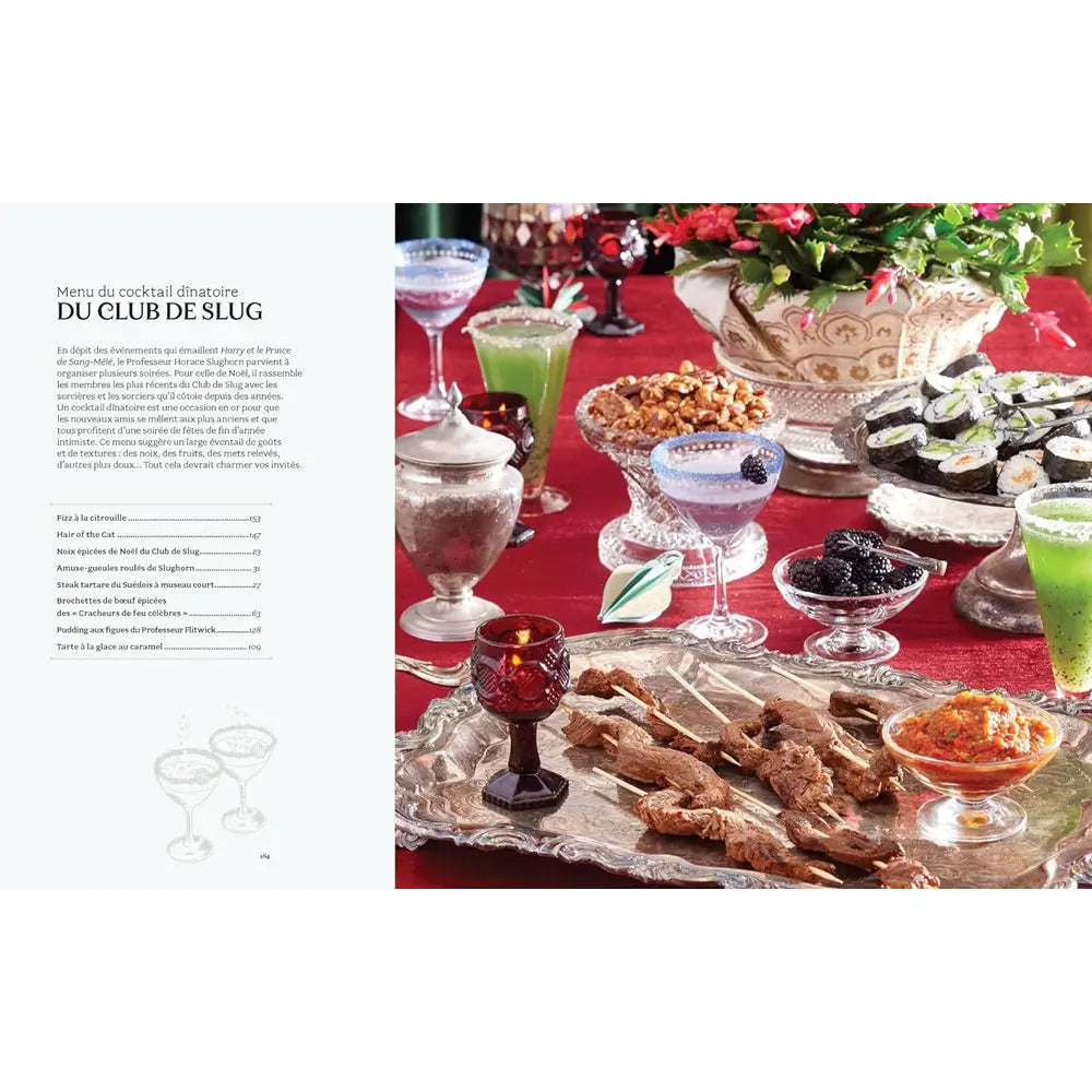 Double page présentant le "Menu du cocktail dînatoire du Club de Slug" avec une liste de recettes et une photo de table festive.