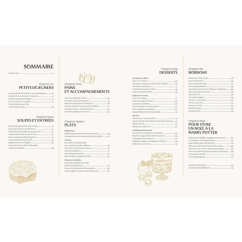 Sommaire détaillé du livre "Harry Potter : Recettes de fêtes" présentant les sept chapitres culinaires.