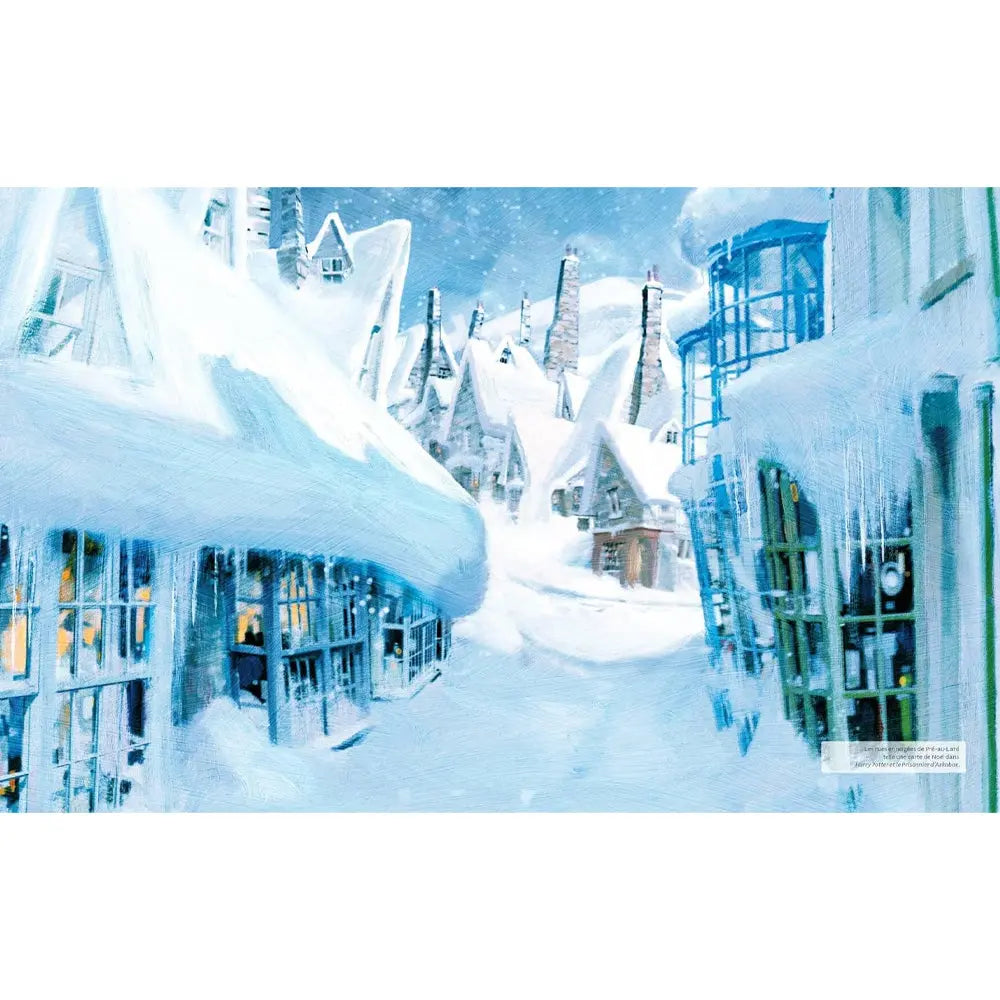 Illustration des rues enneigées du village de Pré-au-Lard sous la neige, tirée du livre de recettes Harry Potter.