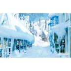 Illustration des rues enneigées du village de Pré-au-Lard sous la neige, tirée du livre de recettes Harry Potter.