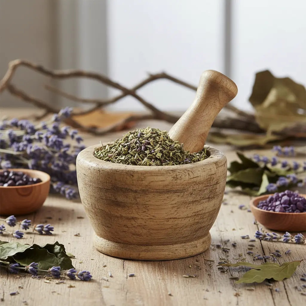 Reine-des-prés séchée mélangée à de la lavande dans un mortier en bois, entourée de fleurs et feuilles sur une table.