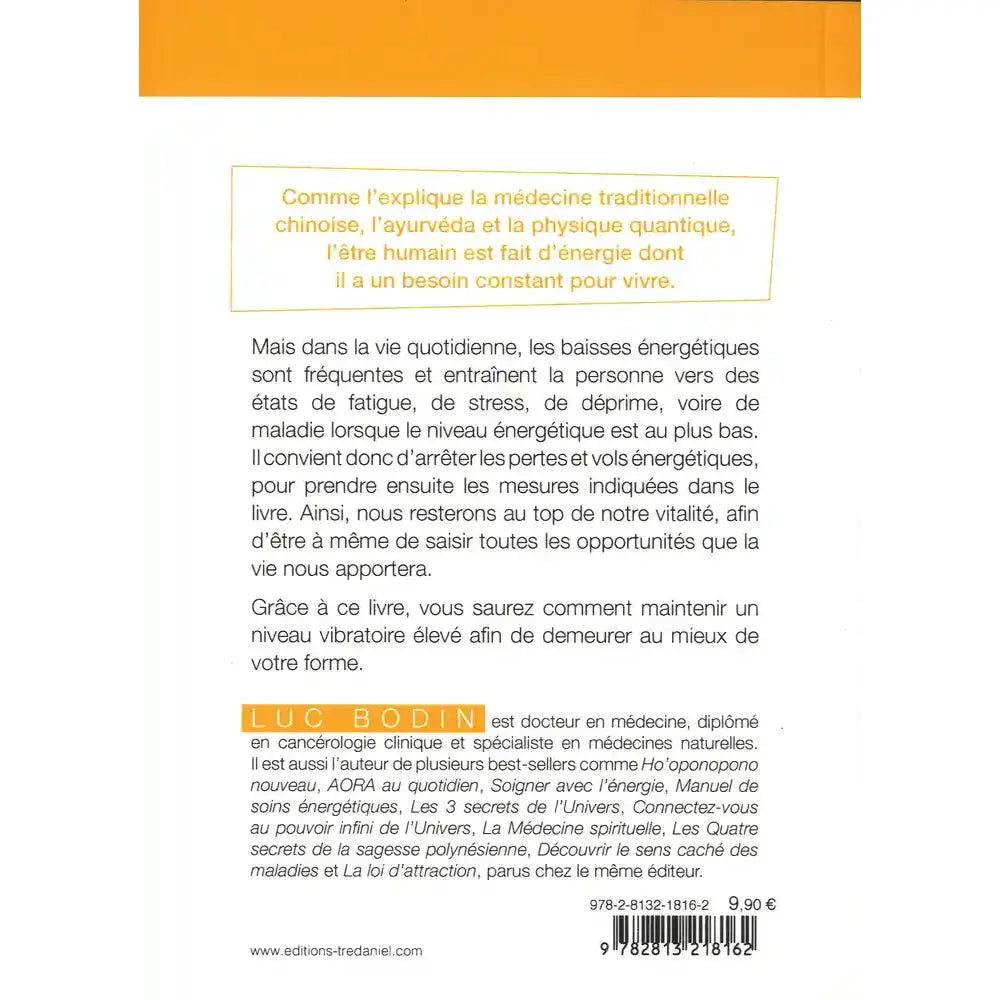 Quatrième de couverture du livre Remonter son énergie affichant le texte de présentation et la biographie de Luc Bodin sur fond blanc avec des accents jaunes et un code-barres.