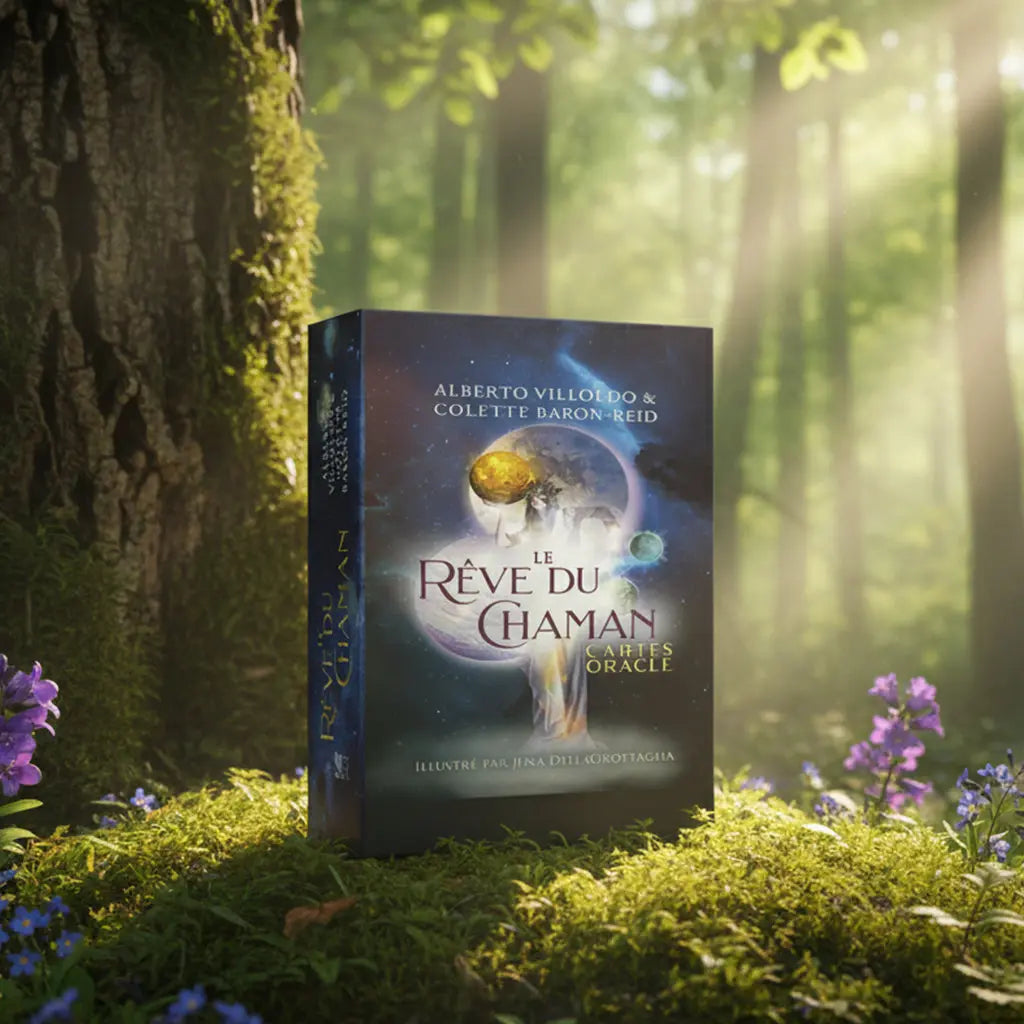 Coffret Le Rêve du Chamane - 64 Cartes Oracle posé sur un tapis de mousse en forêt, illustré d'une silhouette éthérée tenant un globe lumineux dans un univers cosmique.