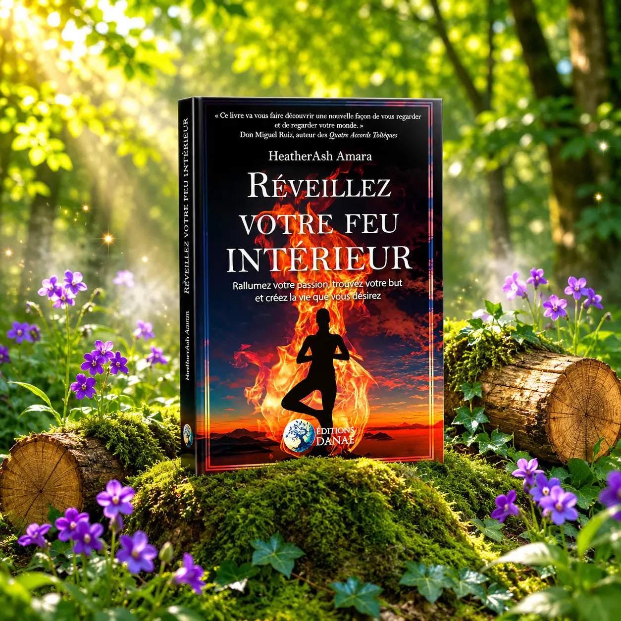 Livre Réveillez votre Feu Intérieur - HeatherAsh Amara sur mousse sacrée au pied d'un arbre, entouré de fleurs violettes sous des rayons de soleil magiques.