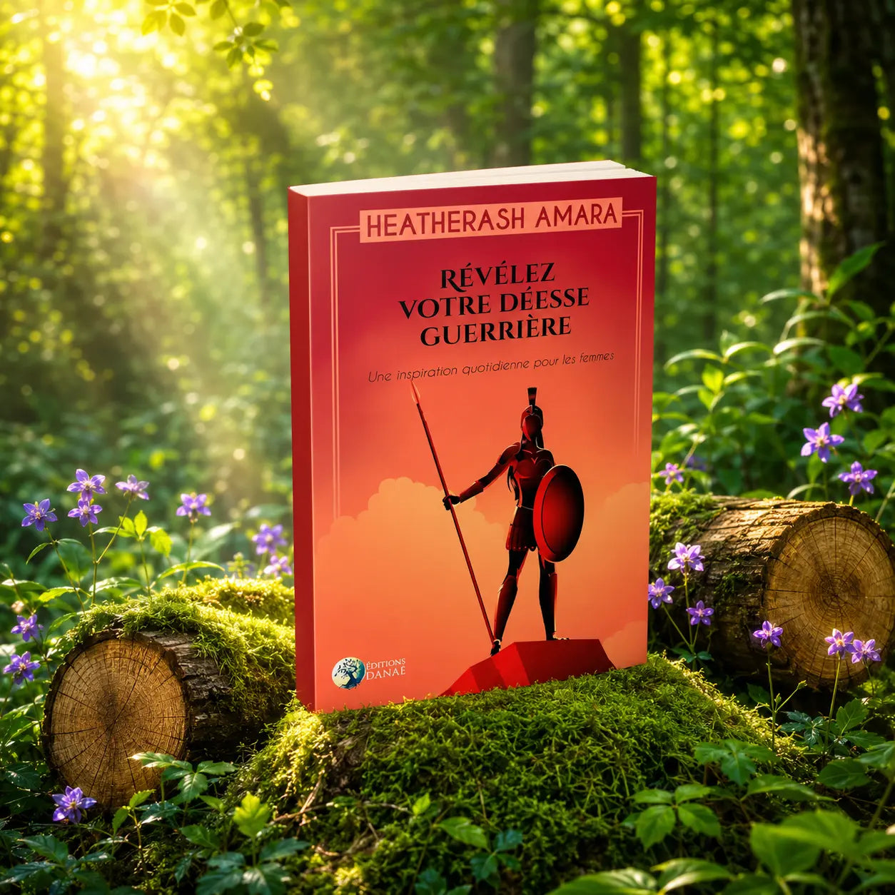 Livre Révélez votre Déesse Guerrière - HeatherAsh Amara sur mousse sacrée au pied d'un arbre, entouré de fleurs violettes sous des rayons de soleil magiques.