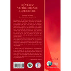 Quatrième de couverture du livre Révélez votre déesse guerrière présentant le résumé et le texte de présentation de HeatherAsh Amara sur fond rouge foncé, accompagné d'un code-barres, de logos environnementaux et du prix en bas.