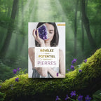 Livre Révélez votre Potentiel grâce aux Pierres d'Aurélie Hédin posé sur une branche moussue, illustré d'une femme tenant une géode d'améthyste devant son visage.
