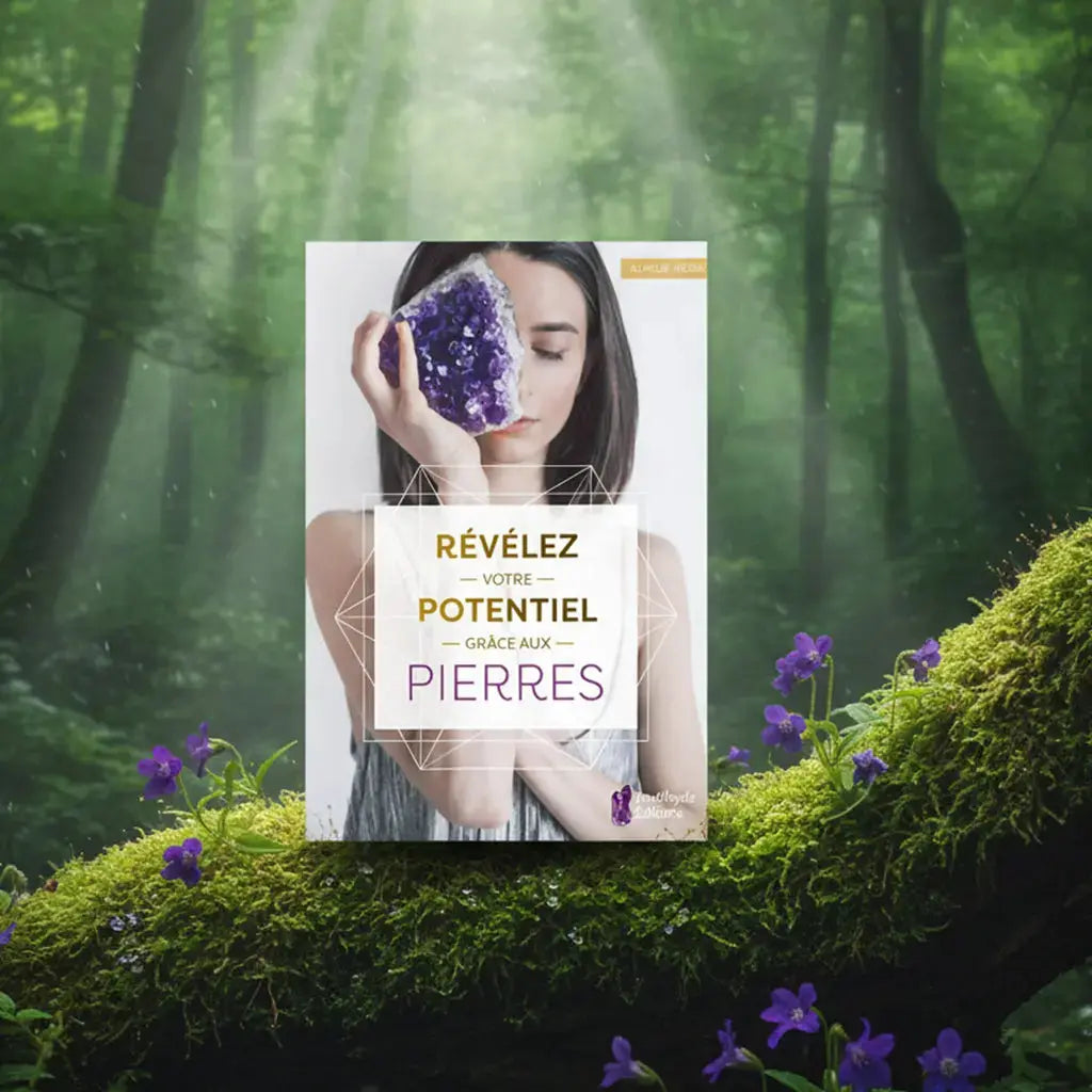 Livre Révélez votre Potentiel grâce aux Pierres d'Aurélie Hédin posé sur une branche moussue, illustré d'une femme tenant une géode d'améthyste devant son visage.