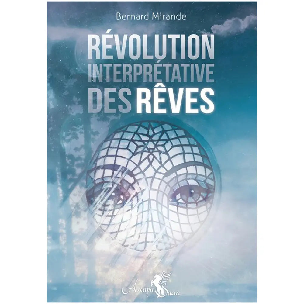 Visage géométrique stylisé et regard mystérieux sur la couverture céleste du livre Révolution interprétative des rêves de Bernard Mirande.
