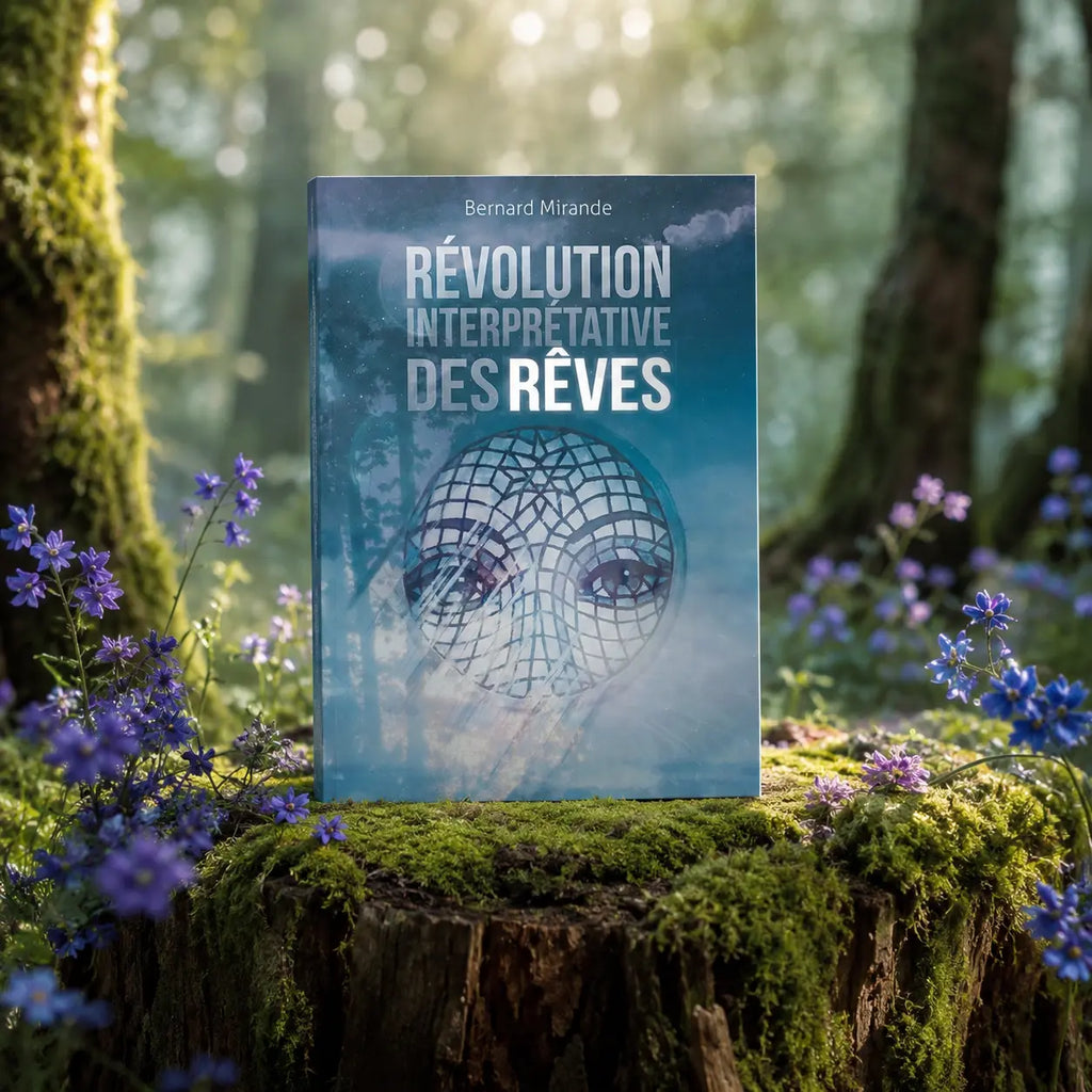 Livre Révolution Interprétative des Rêves - Bernard Mirande sur mousse sacrée au pied d'un arbre, entouré de fleurs violettes sous des rayons de soleil magiques.