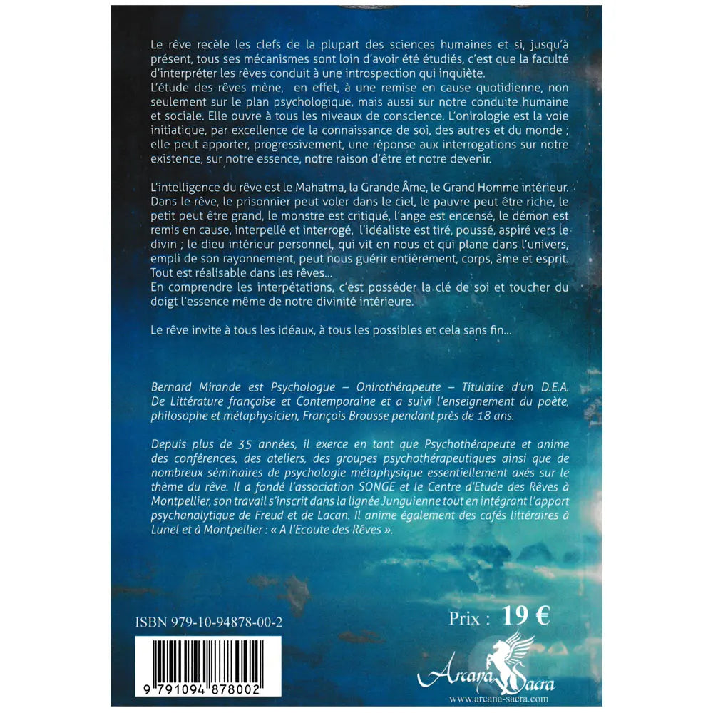 Quatrième de couverture du livre de Bernard Mirande sur les rêves, avec résumé et biographie sur fond bleu nuit, code-barres et prix.