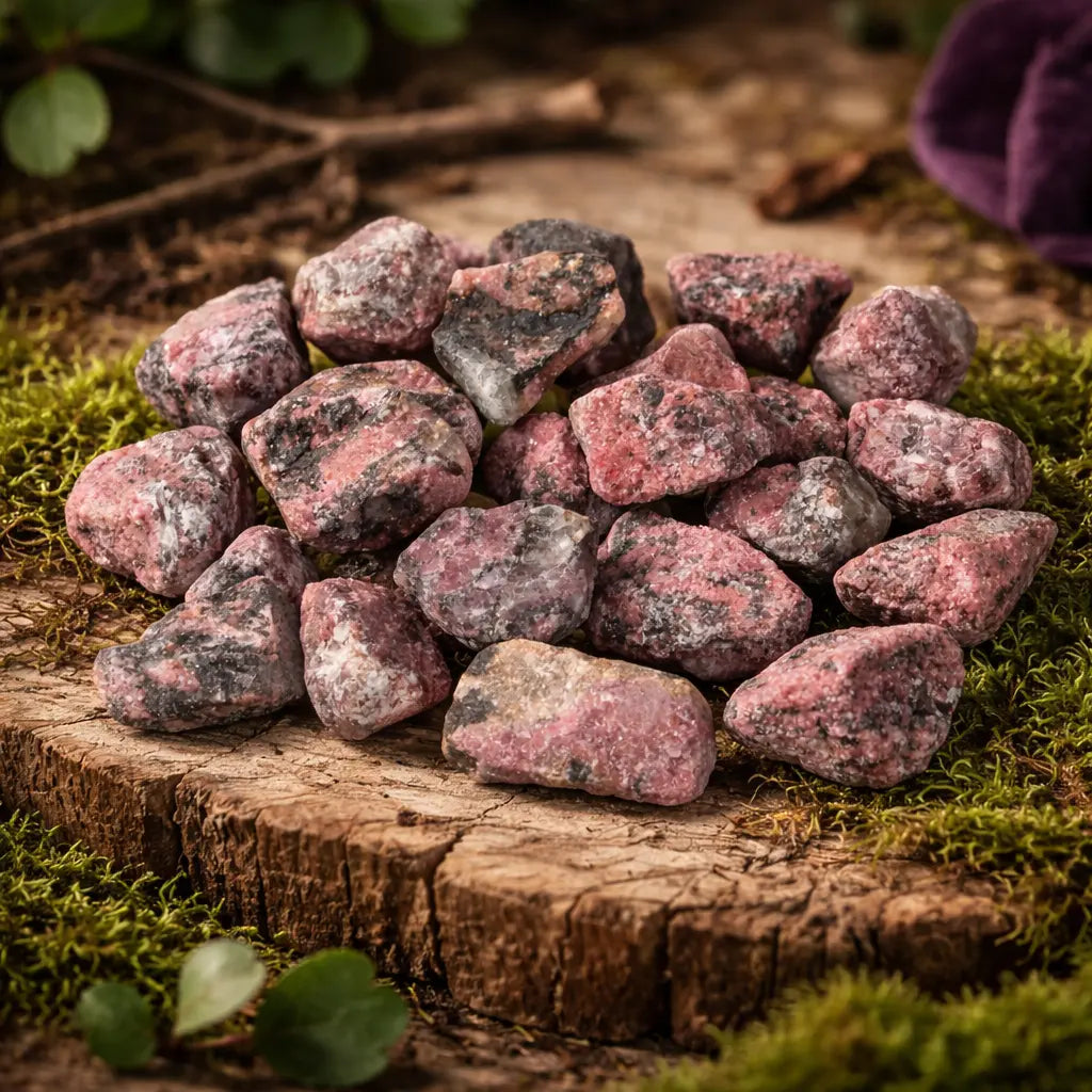 Amas de pierres de Rhodonite brute aux éclats roses et noirs intenses, disposés sur un support en bois naturel recouvert de mousse forestière.