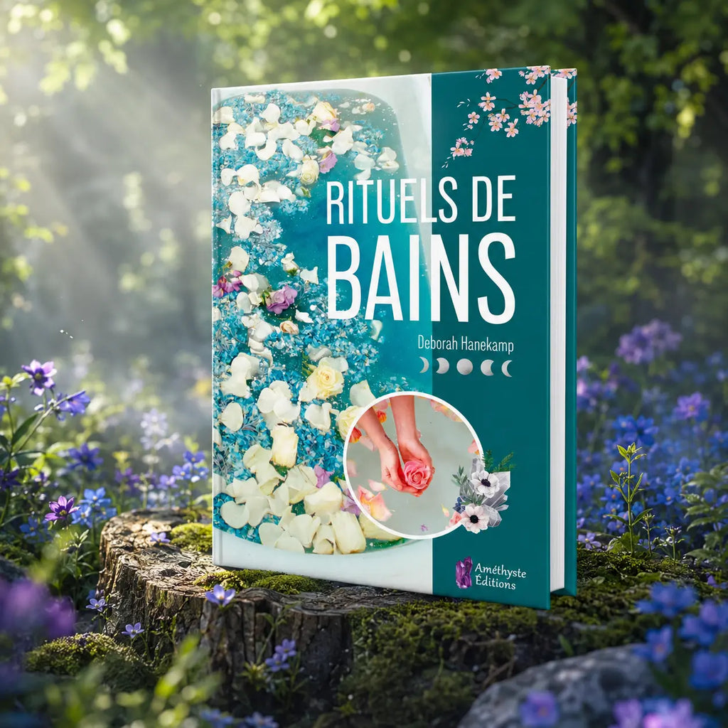 Livre Rituels de Bains - Deborah Hanekamp sur mousse sacrée au pied d'un arbre, entouré de fleurs violettes sous des rayons de soleil magiques.