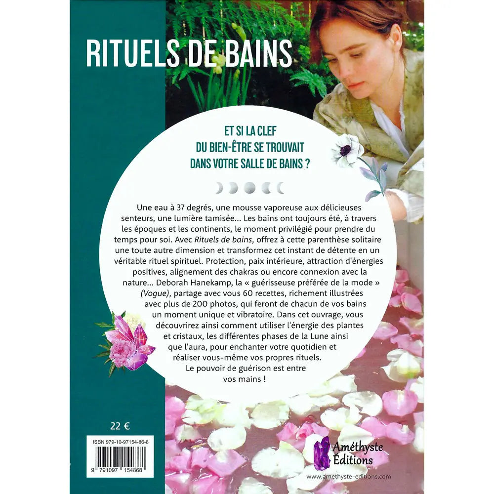 Quatrième de couverture du livre Rituels de Bains, présentant le texte descriptif dans un cercle blanc entouré de pétales roses.