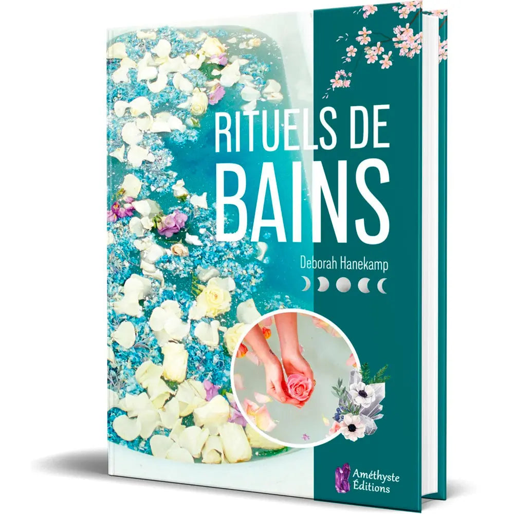 Couverture du livre Rituels de Bains de Deborah Hanekamp, illustrant un bain parsemé de pétales de fleurs sur fond vert émeraude.