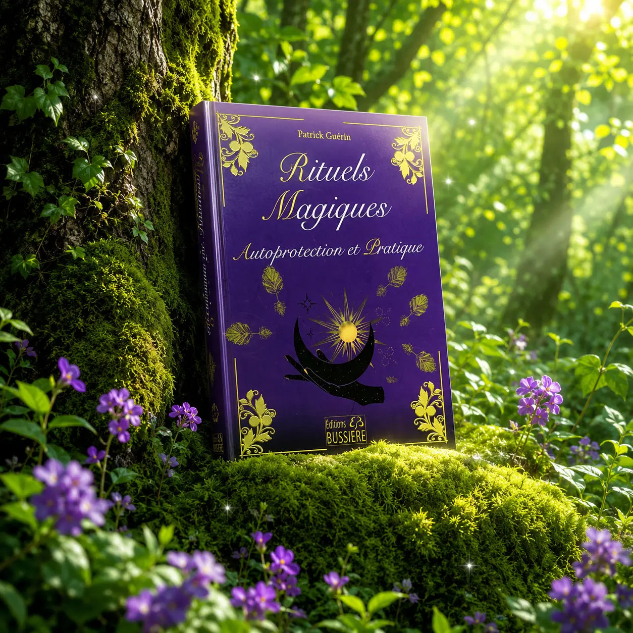 Livre Rituels Magiques - Autoprotection et Pratique - Patrick Guérin sur mousse sacrée au pied d'un arbre, entouré de fleurs violettes sous des rayons de soleil magiques.