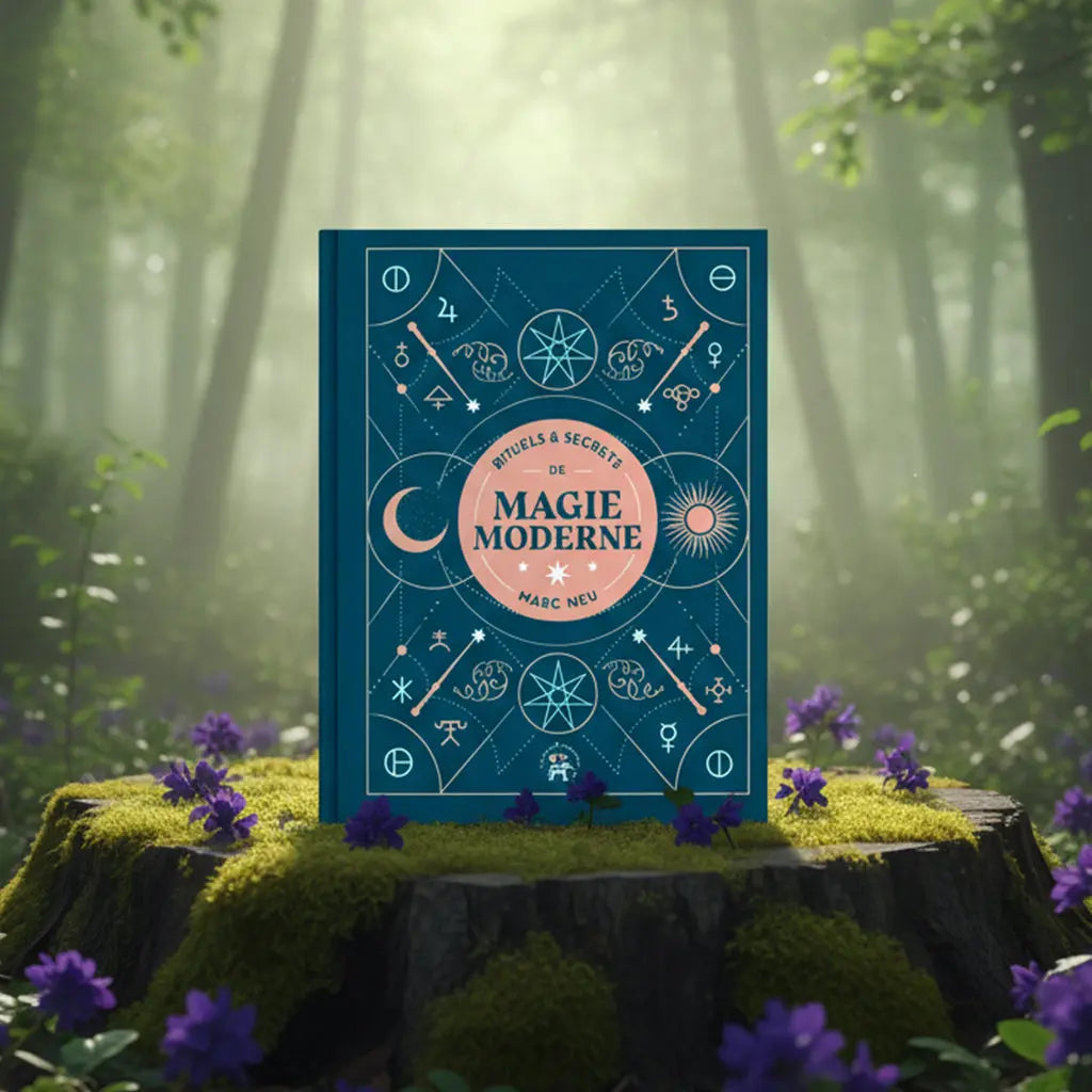 Livre bleu Rituels et Secrets de Magie Moderne de Marc Neu posé sur une souche, orné de symboles astrologiques et géométriques dorés.