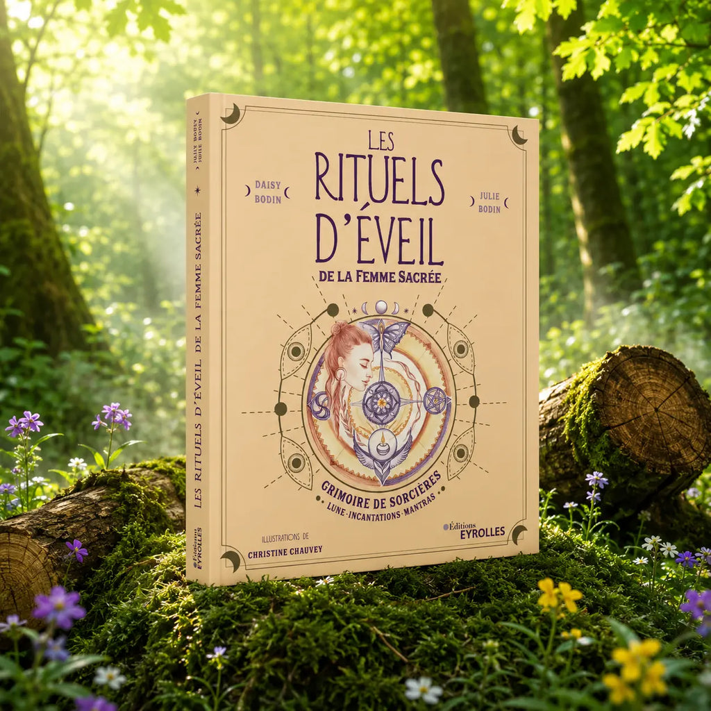 Livre Les Rituels d'Eveil de la Femme Sacrée - Daisy et Julie Bodin sur mousse sacrée au pied d'un arbre, entouré de fleurs violettes sous des rayons de soleil magiques.