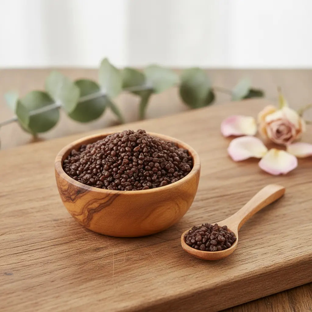 Grains d'encens de résine Roi Mage N°1 (couleur brun-chocolat foncé), dans un petit bol en bois d'olivier avec cuillère, sur une planche de bois claire.
