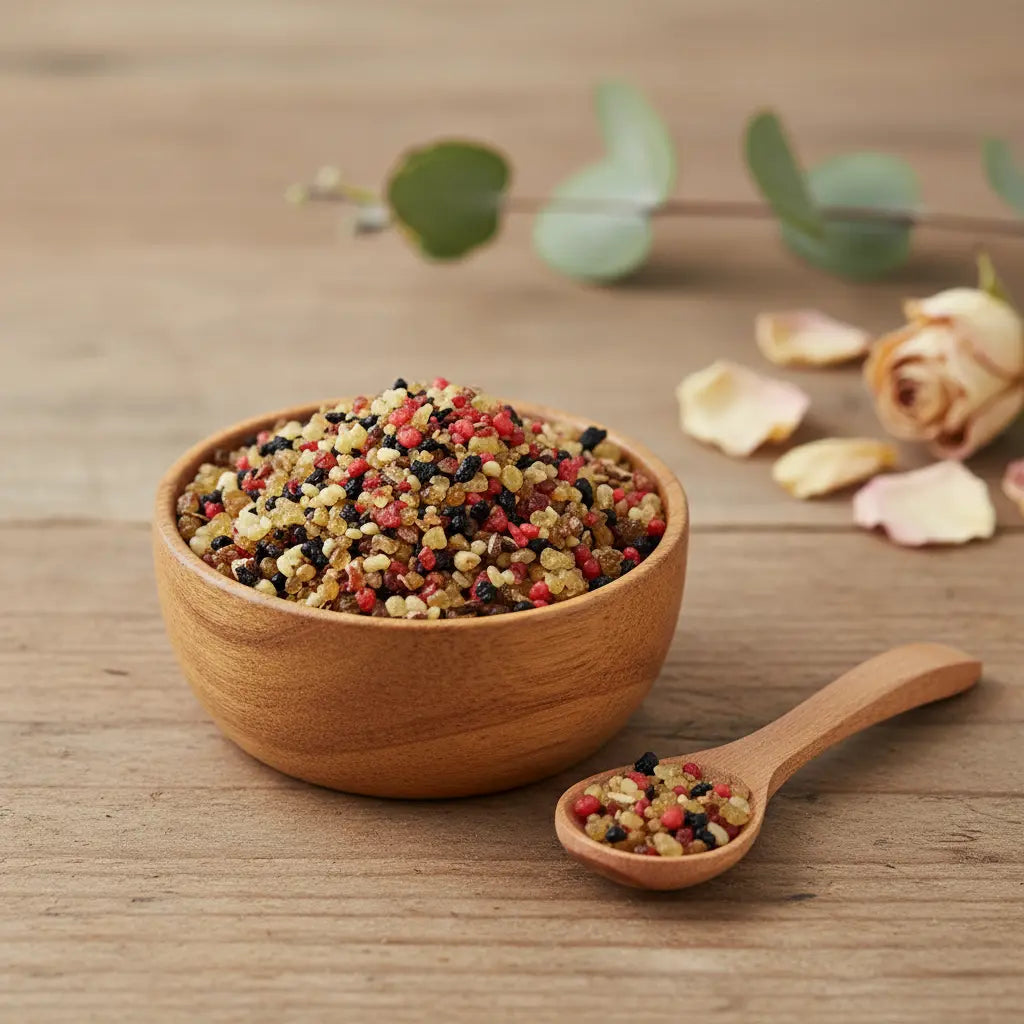 Grains d'encens de résine Roi Mage N°3 (mélange de couleurs or, rouge et noir) dans un petit bol en bois clair avec cuillère, sur une planche de bois rustique.