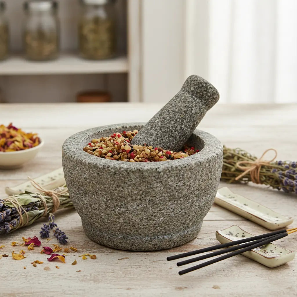 Grains d'encens de résine Roi Mage N°3 (or, rouge et noir) dans un mortier en granit gris avec pilon, entouré de bouquets de lavande et de bâtonnets d'encens.