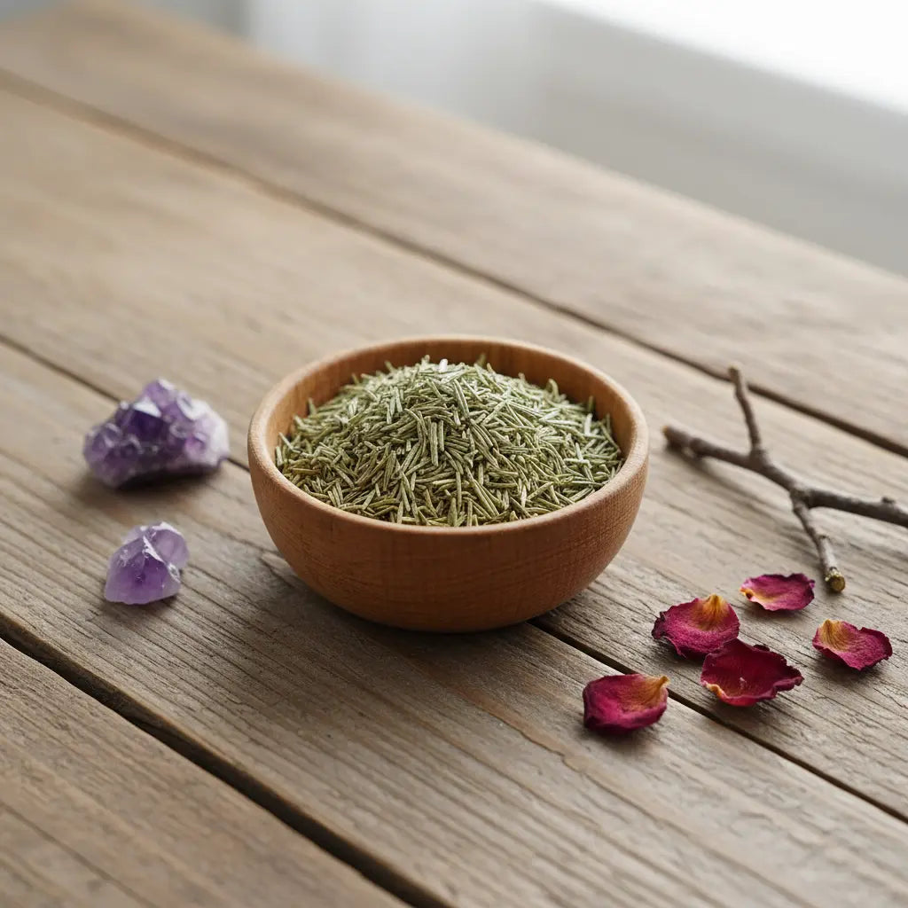 Petite coupelle en bois remplie de romarin séché, posée sur une table en bois, entourée de cristaux d’améthyste, de pétales de rose et de petites branches.