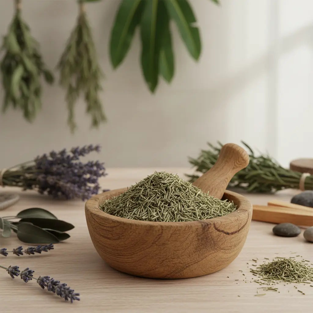 Bol en bois rempli d’aiguilles de romarin séchées, posé sur une table claire entourée de bouquets de lavande et de plantes suspendues en arrière-plan.