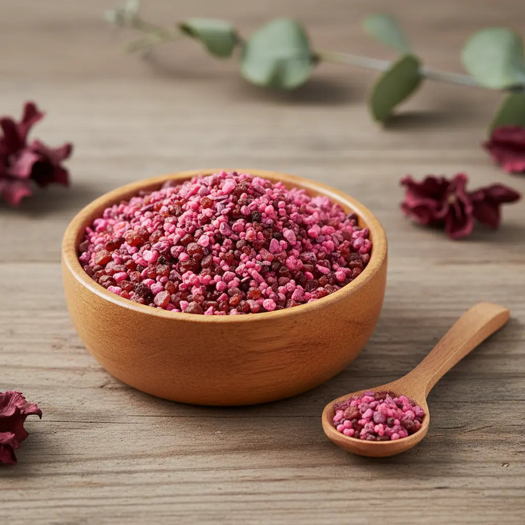 Grains d'encens de résine Rose, de couleur rose vif et bordeaux foncé, dans un petit bol en bois clair avec une cuillère, sur une planche de bois rustique.