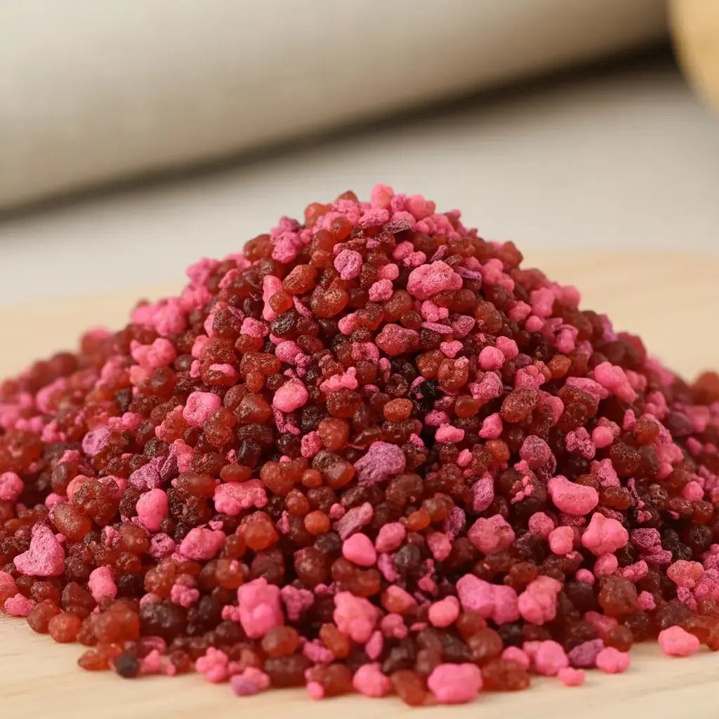 Gros plan sur un monticule de grains d'encens de résine Rose, montrant un mélange intense de bordeaux foncé et de rose fuchsia vif, sur une surface en bois clair.