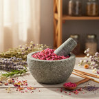 Grains d'encens de résine Rose (rose vif et bordeaux) dans un mortier en granit gris avec pilon, entouré de brins de lavande et de pétales de rose séchées.