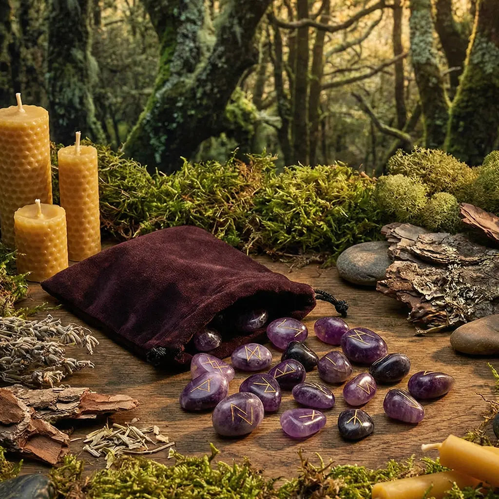 Sac en velours pourpre déversant un ensemble de Runes - Améthyste violettes sur une table en bois moussu, entouré de bougies en cire d'abeille.