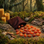 Sac en velours sombre déversant un ensemble de Runes - Cornaline oranges sur une table en bois moussu, entouré de bougies en cire d'abeille et de lumière chaude.