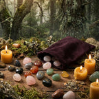 Sac en velours pourpre déversant un ensemble de Runes - Mélange Pierres Roulées sur une table en bois, entouré de bougies et de mousse.