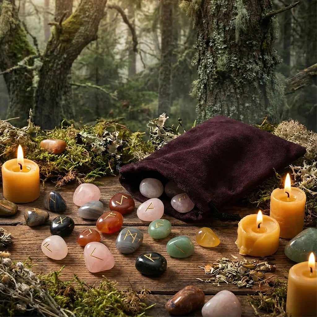 Sac en velours pourpre déversant un ensemble de Runes - Mélange Pierres Roulées sur une table en bois, entouré de bougies et de mousse.