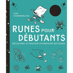 Livre Runes pour débutants de Lisa Chamberlain, couverture turquoise avec illustrations de runes, main, pendule et titre en blanc.